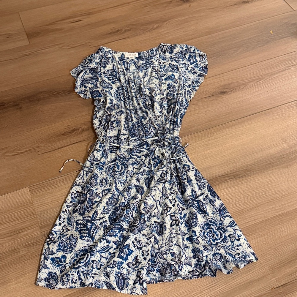 Velvet Blue and White Flutter Sleeve Blouse with Tie Front